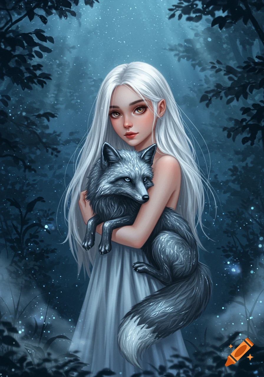 A digital art illustration of a girl with long white hair holding a silver fox in a dark, magical forest with glowing dust.