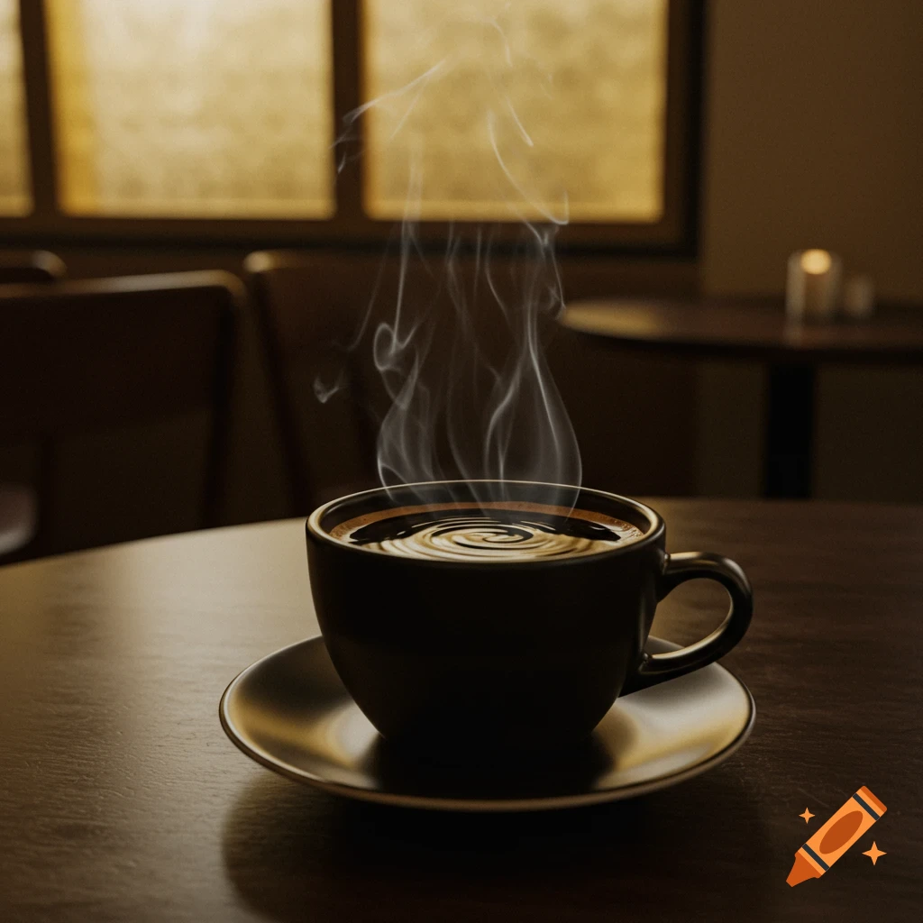 A steaming cup of black coffee sits on a dark wooden table in a dimly lit cafe, with blurred windows in the background.