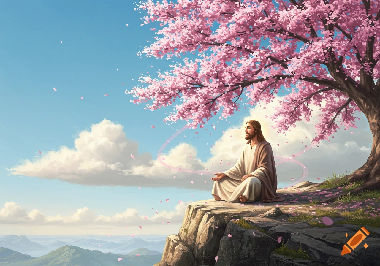 Jesus meditates on a rocky cliff under a pink cherry blossom tree, overlooking a vast mountain landscape with a blue sky.