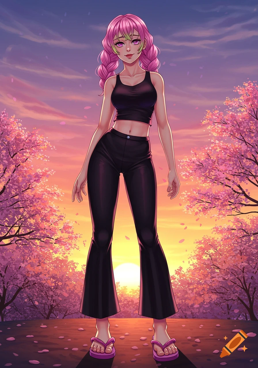 Anime character Mitsuri Kanroji in a black tank top and pants, pink flip-flops, standing among cherry blossoms at sunset.