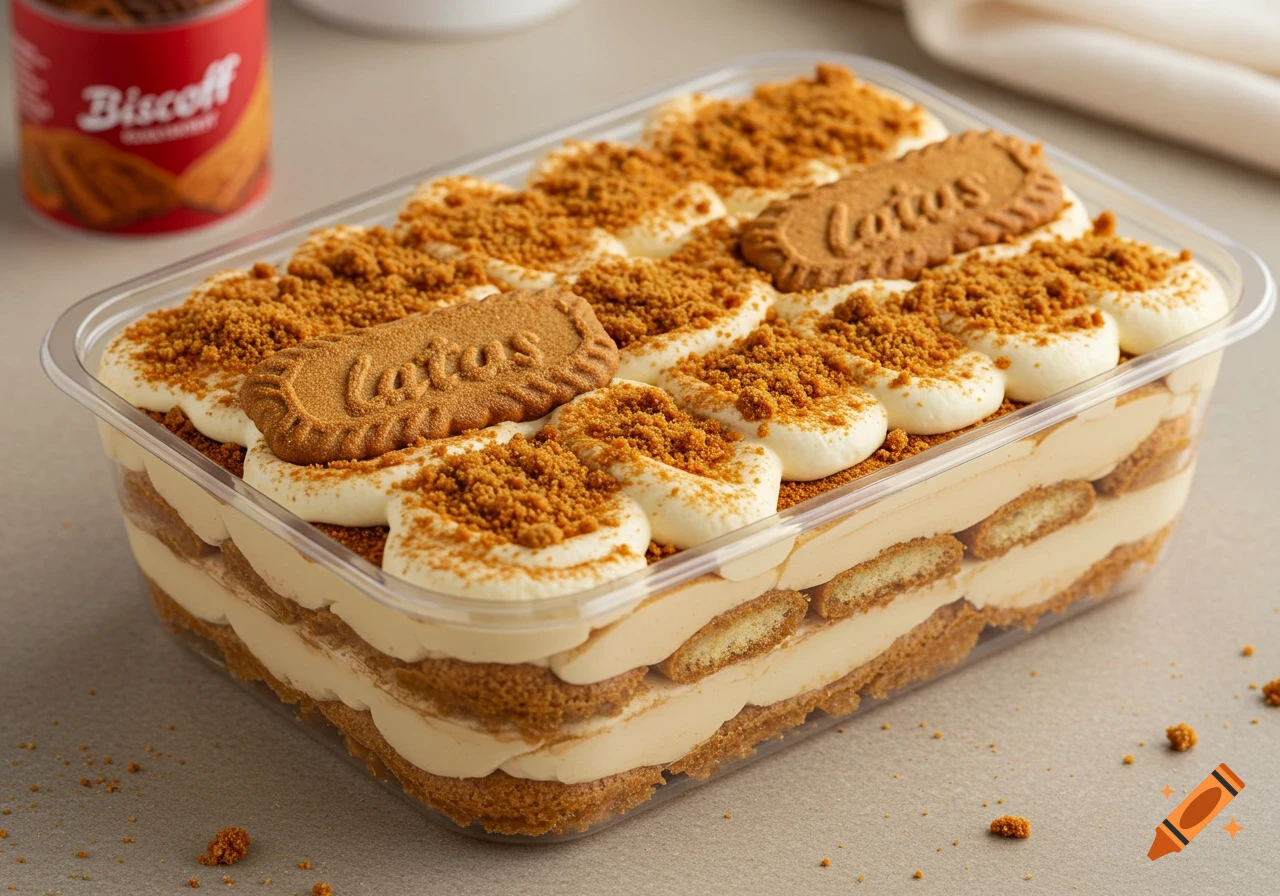 Photorealistic Biscoff tiramisu in plastic container, with cream, Biscoff cookies, crumbles, and 'Lotus' branded biscuits.