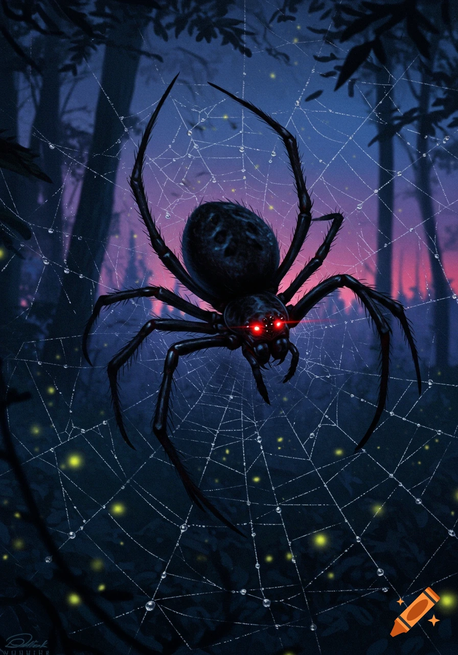 A large, dark spider with glowing red eyes sits on a dew-covered web in a mystical forest at dusk with twinkling lights.