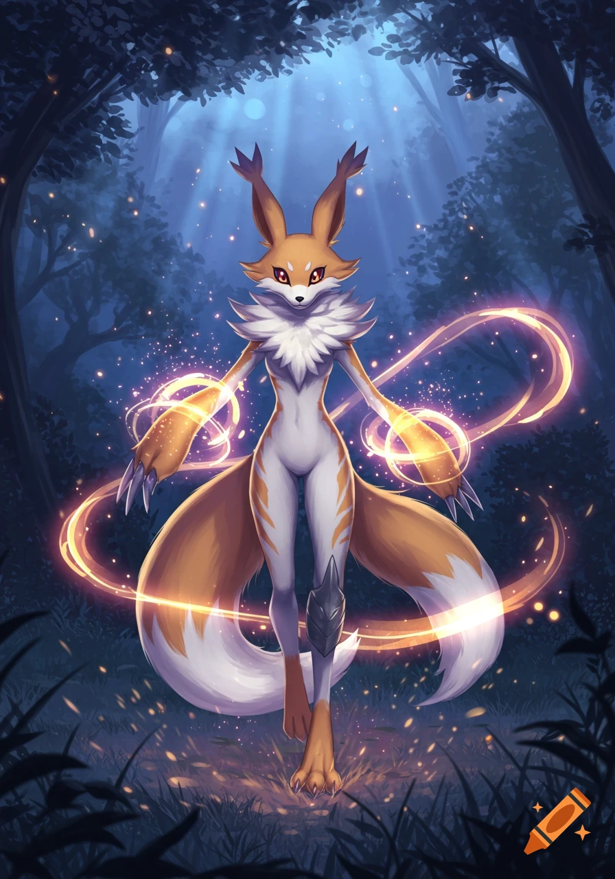 An orange and white anthropomorphic fox-like creature with glowing energy stands in a mystical forest, anime style.