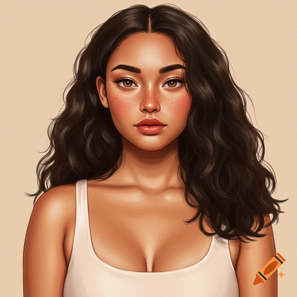 Digital illustration of a young woman with dark wavy hair, freckles, and a white tank top, gazing forward.