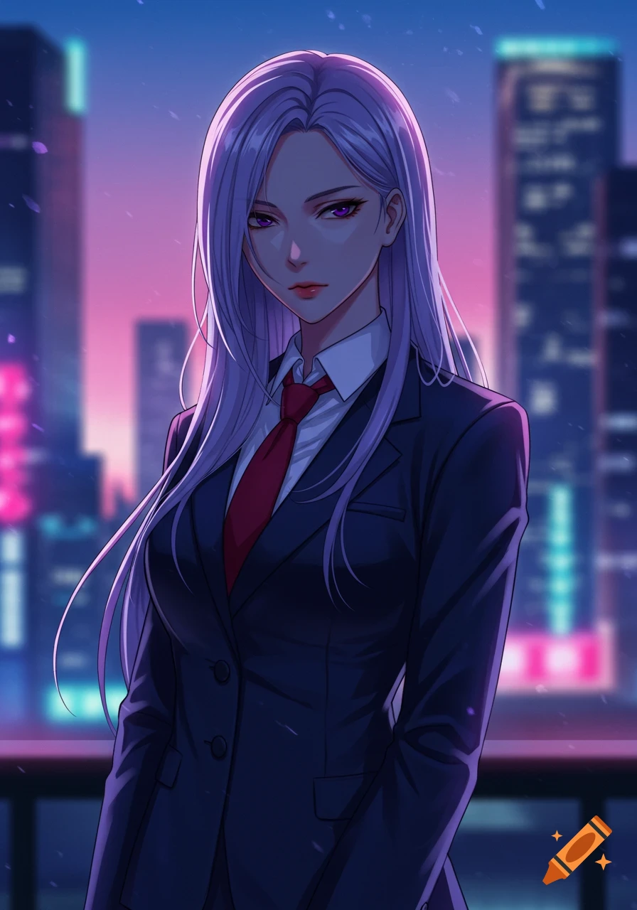 Anime woman with long lavender hair and purple eyes in a dark suit and red tie, standing against a futuristic city skyline at night.