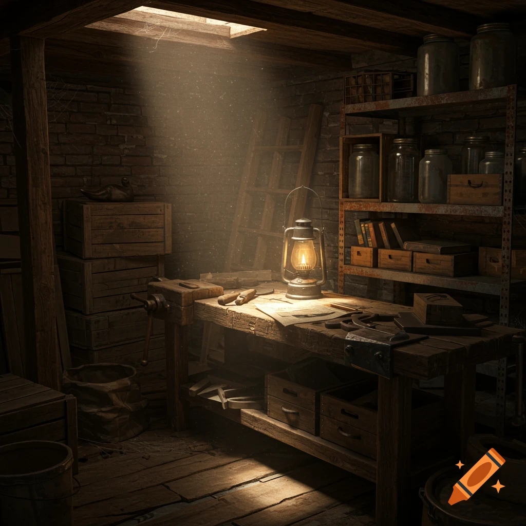A rustic, dimly lit basement workshop with a glowing lantern on a wooden workbench and dusty sunlight from a skylight.
