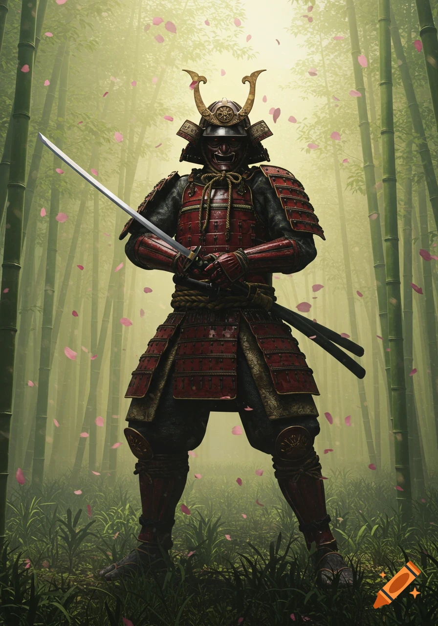 A samurai in red and black armor with a horned helmet stands in a bamboo forest with falling pink petals, holding a katana.