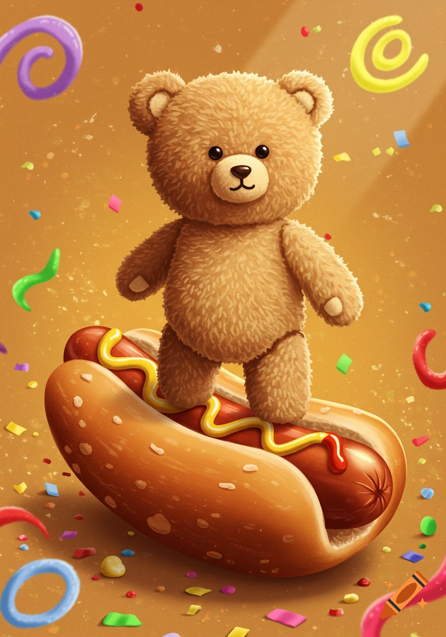A cute cartoon teddy bear stands on a hotdog with mustard and ketchup, surrounded by colorful confetti.