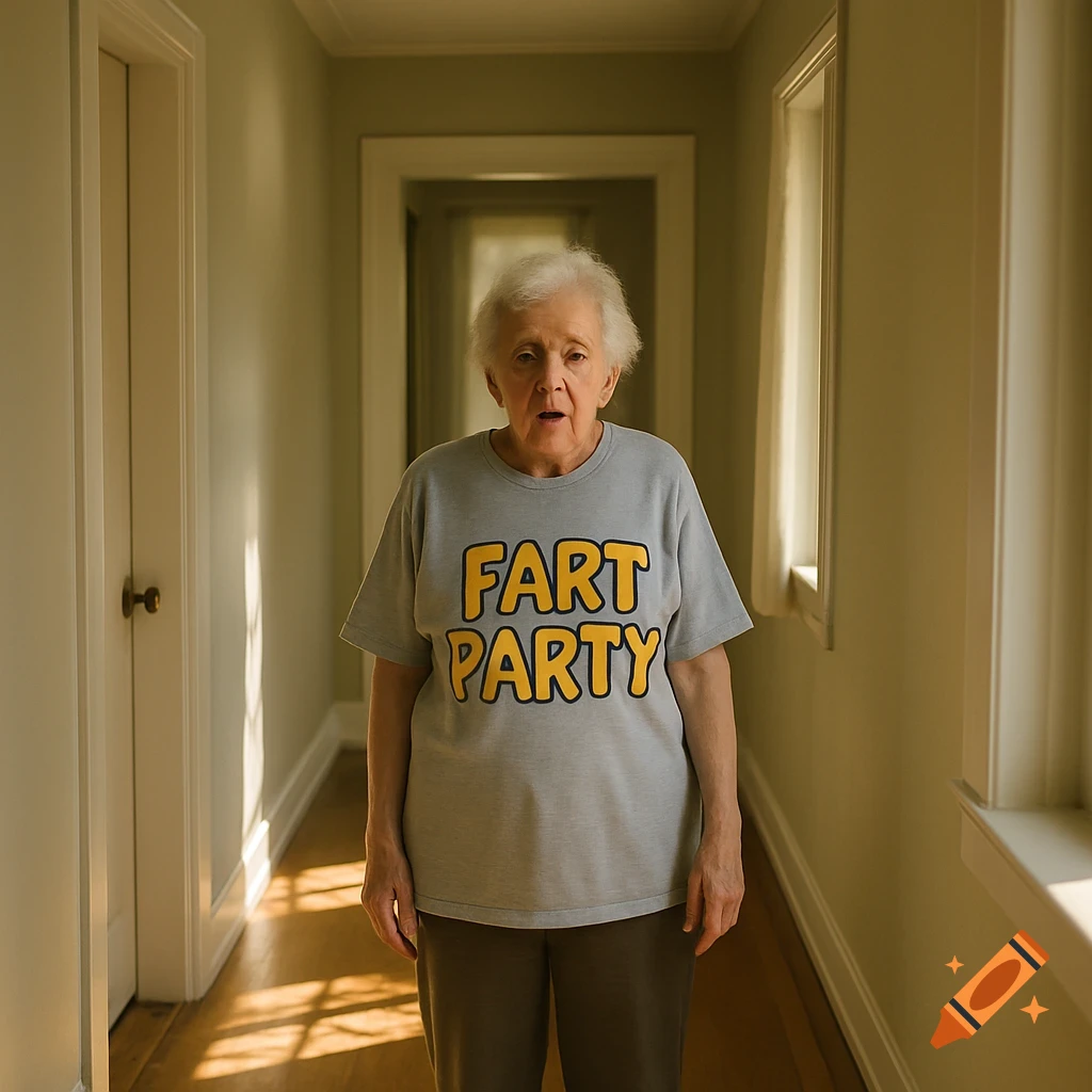 An elderly woman stands in a hallway, wearing a grey t-shirt that says 'FART PARTY' in yellow letters.