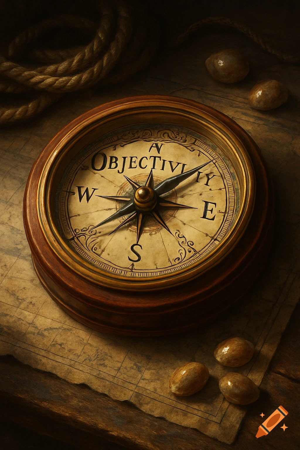 A vintage wooden compass with 'OBJECTIVITY' at North, surrounded by rope, an old map, and pebbles on a dark wooden surface.