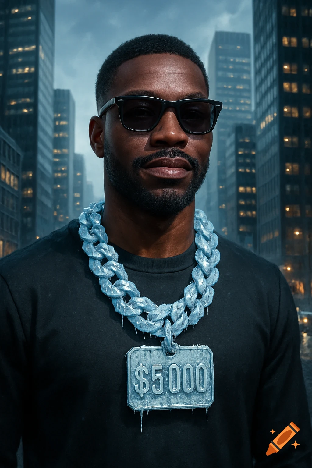 Photorealistic portrait of an African-American man in sunglasses and a black t-shirt, wearing a large ice chain with a $5000 pendant, against a blurred city background.