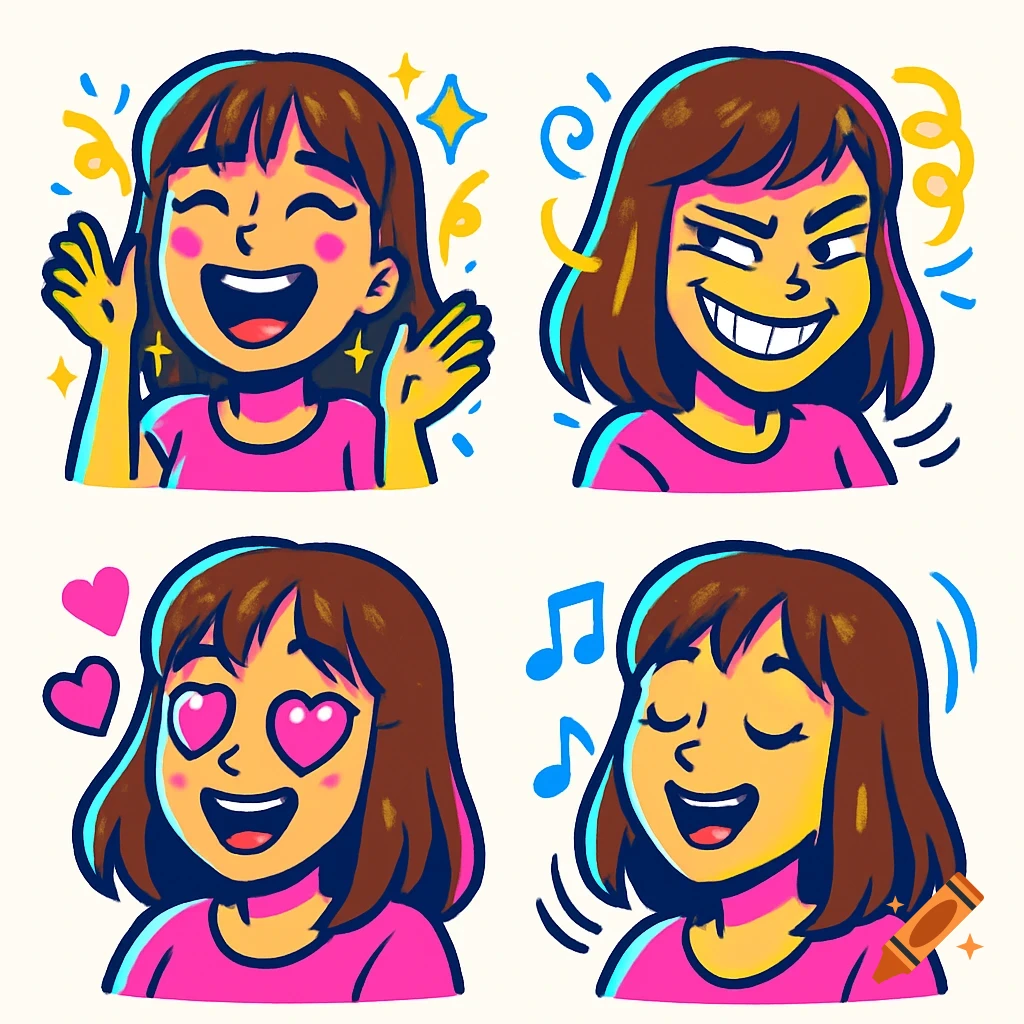 Four cartoon emotes of a woman showing different expressions: happy, mischievous, in love with heart-eyes, and singing.