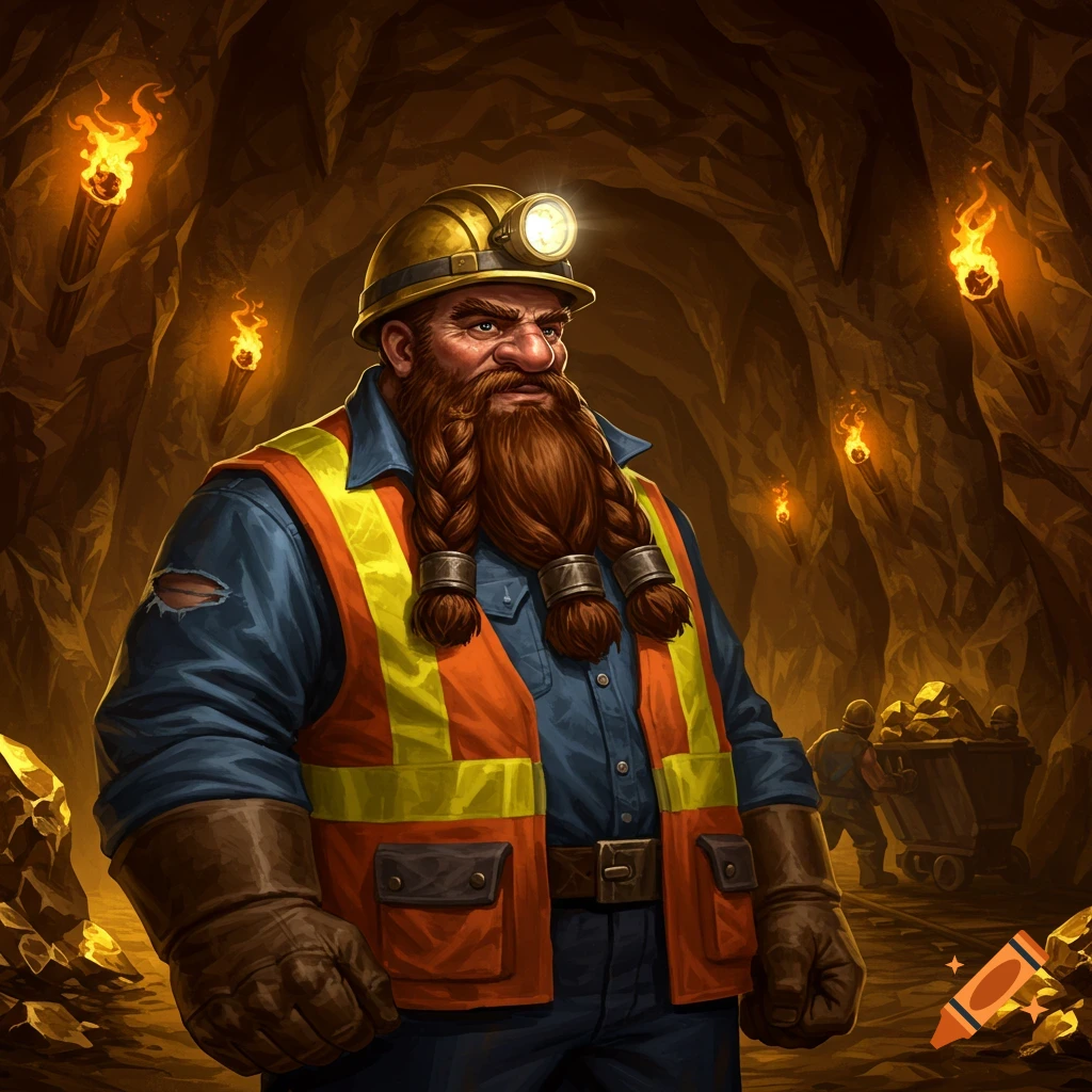 A detailed illustration of a dwarf mine foreman with a braided red beard, yellow hard hat, and orange safety vest in a torchlit mine.