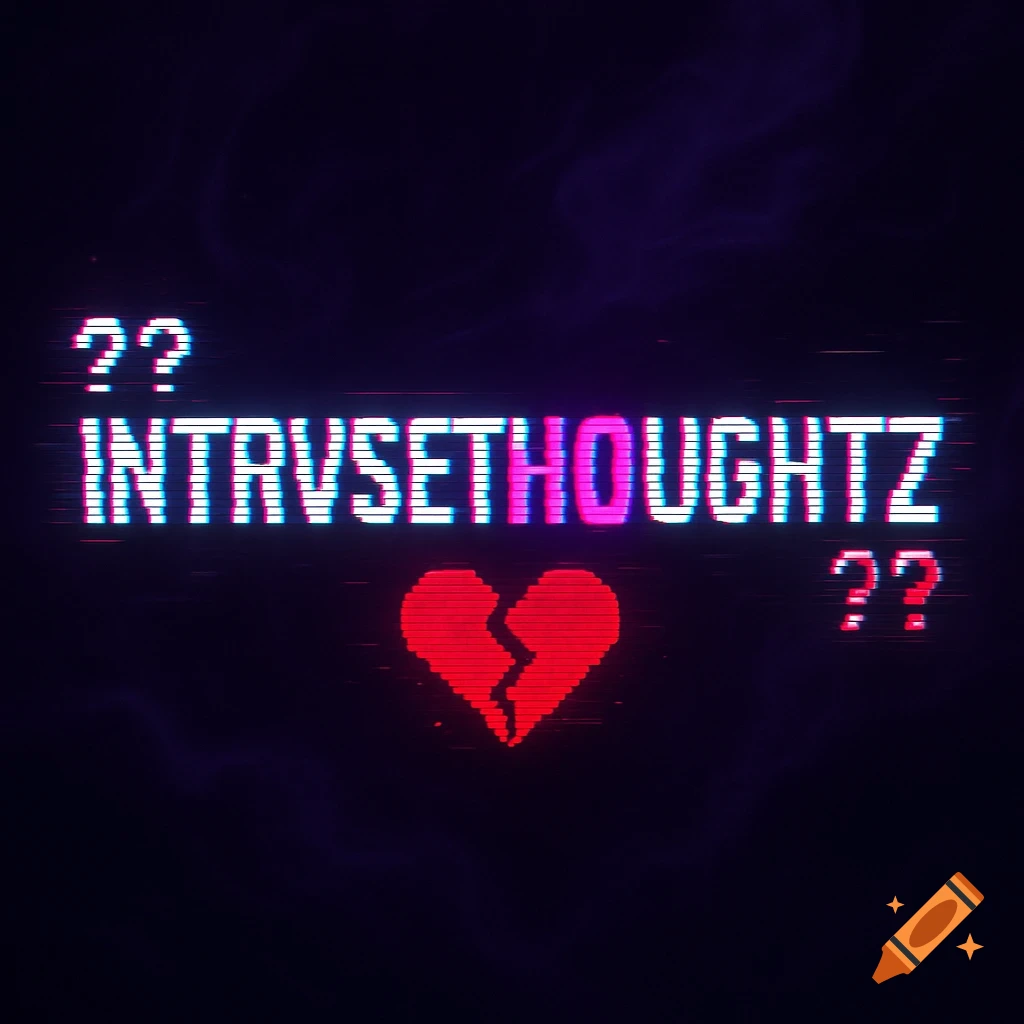 A glitchy cyberpunk logo with the text "?? INTRVSETHØUGHTZ ??" in neon colors above a pixelated broken red heart on a dark purple smoky background.