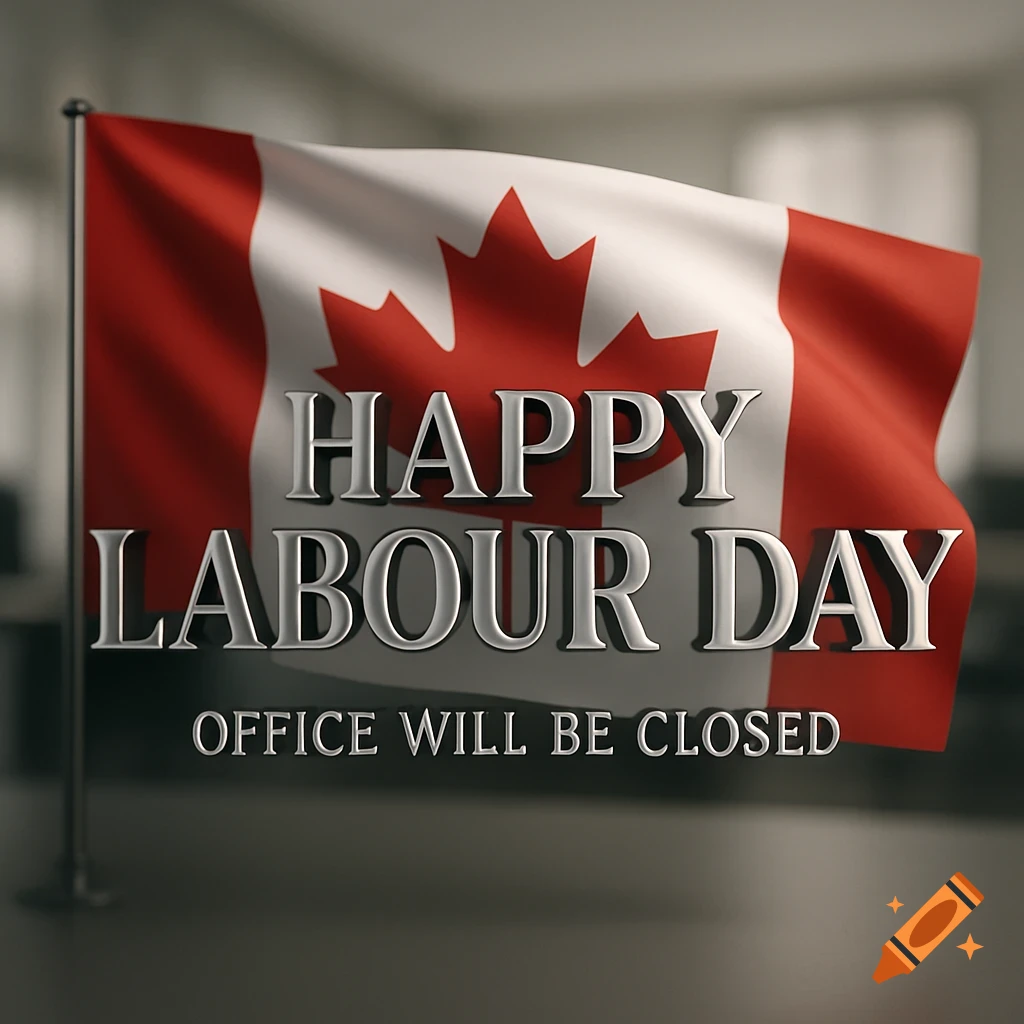A 3D rendering of a Canadian flag with the text "Happy Labour Day, Office will be closed" across it, in an office setting.