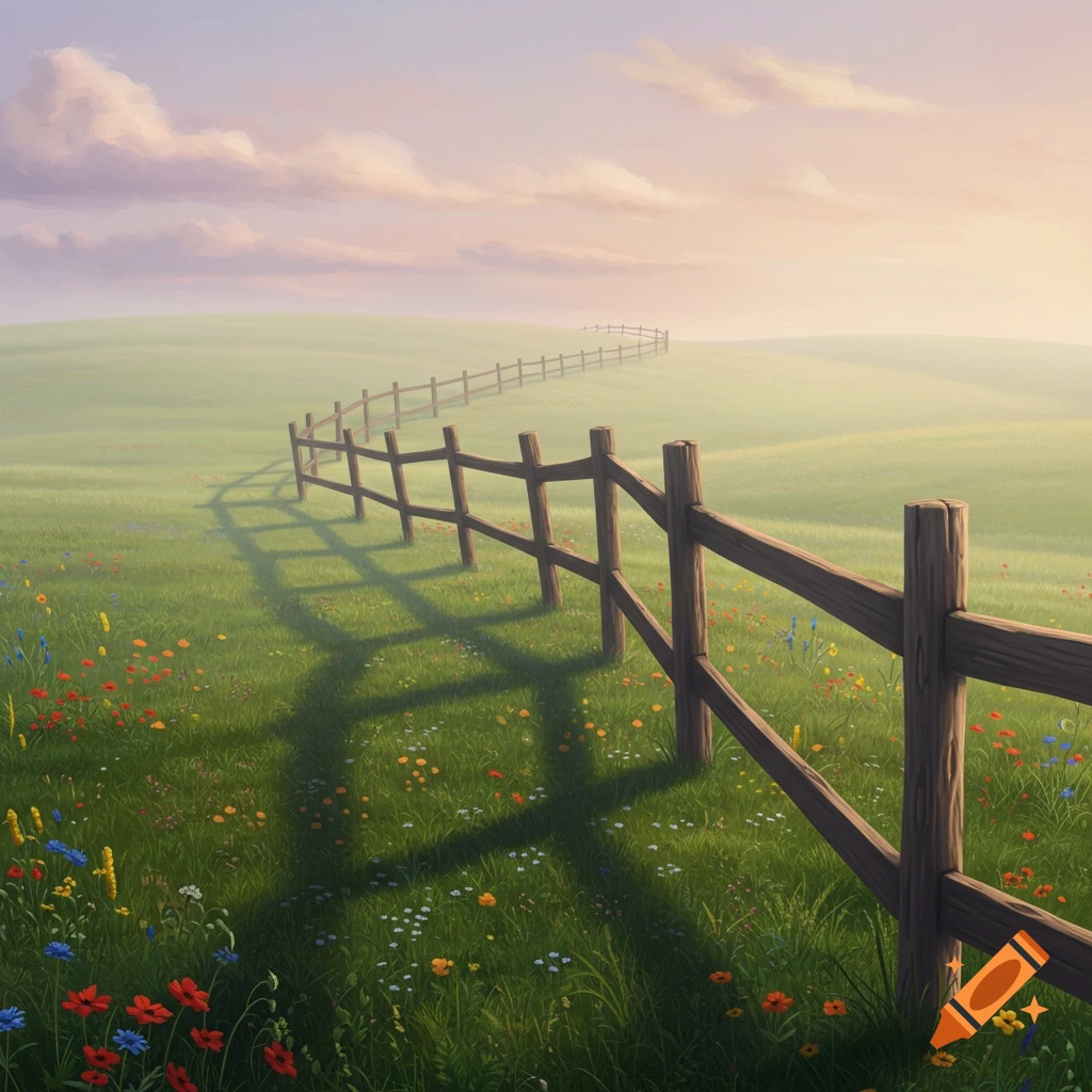 A wooden fence winds through a green field with colorful wildflowers under a hazy sunset sky, digital art.