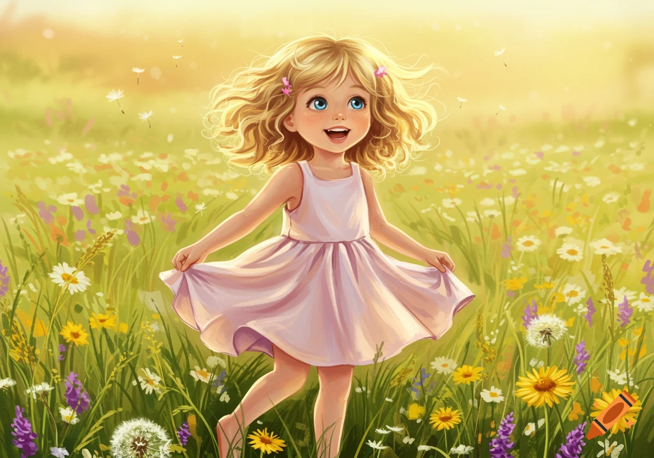 A happy little blonde girl with blue eyes holds her pink dress in a sunny wildflower field, in a digital painting style.