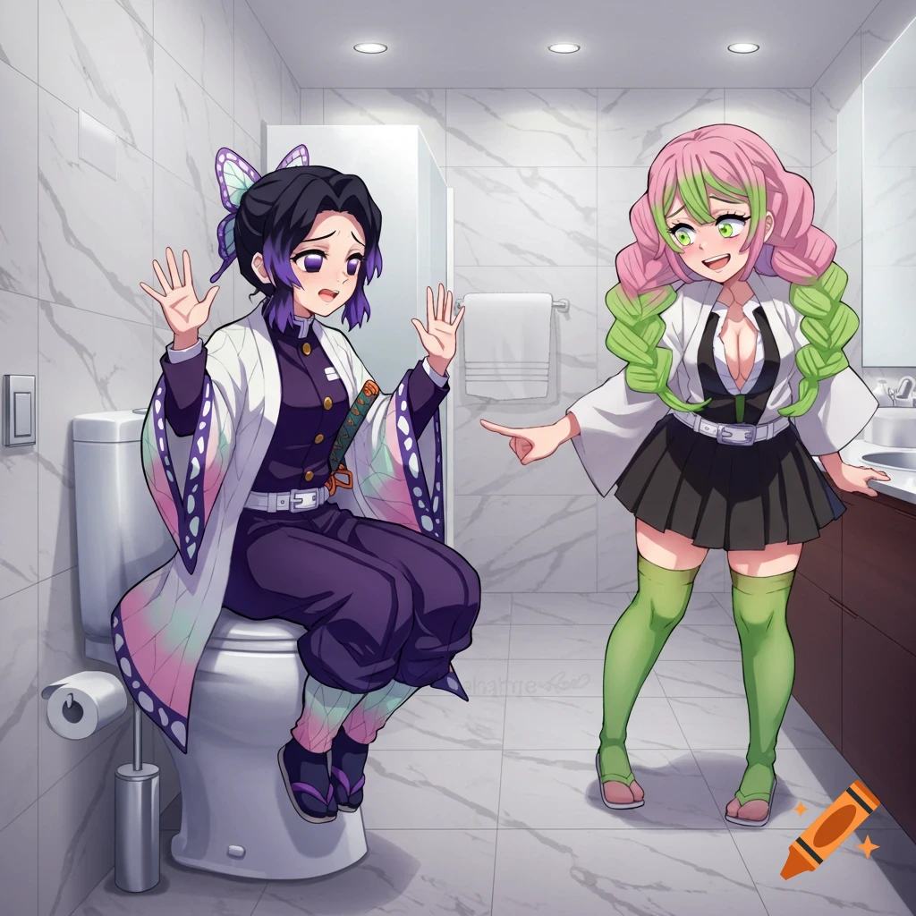 Anime characters Shinobu and Mitsuri in a modern bathroom. Shinobu sits nervously on a toilet, while Mitsuri smiles and points.