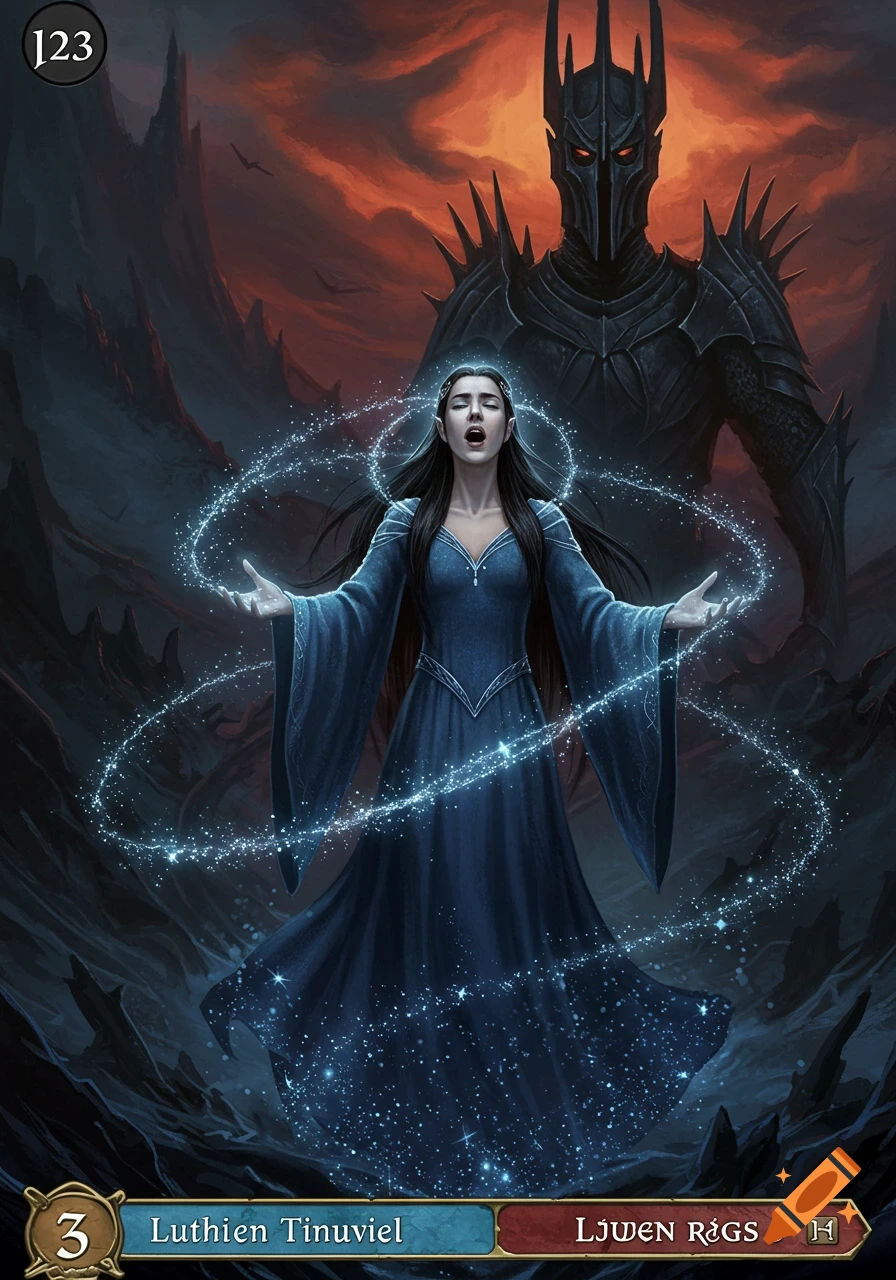 A woman in a blue dress sings with magical light swirling around her, as a dark armored figure with red eyes looms behind her against an orange sky. It's a fantasy illustration for a card game.