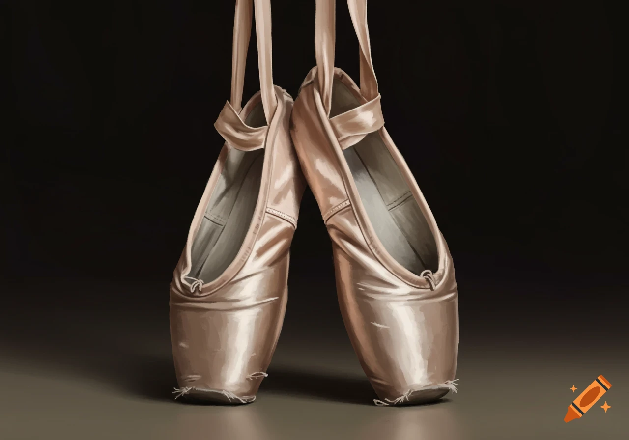 Two worn-out pink ballet pointe shoes, hanging by their ribbons against a dark background, rendered in a detailed painted style.