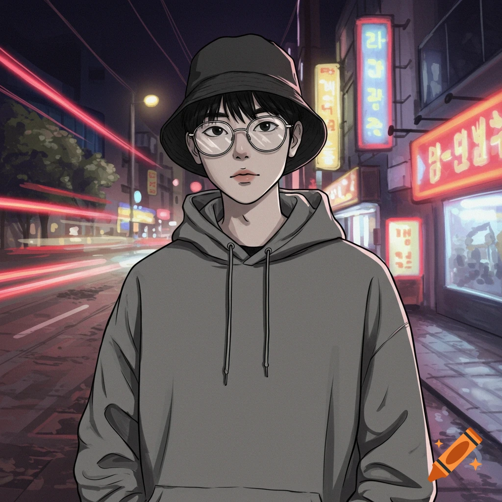 An anime-style drawing of a boy in a bucket hat and grey hoodie, standing on a city street at night with neon signs.