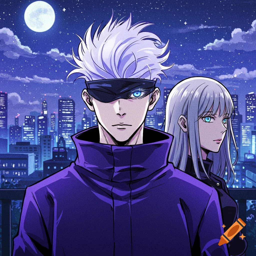 Anime illustration of a man with white spiky hair and blindfold, and a silver-haired woman, against a night city skyline with a full moon.