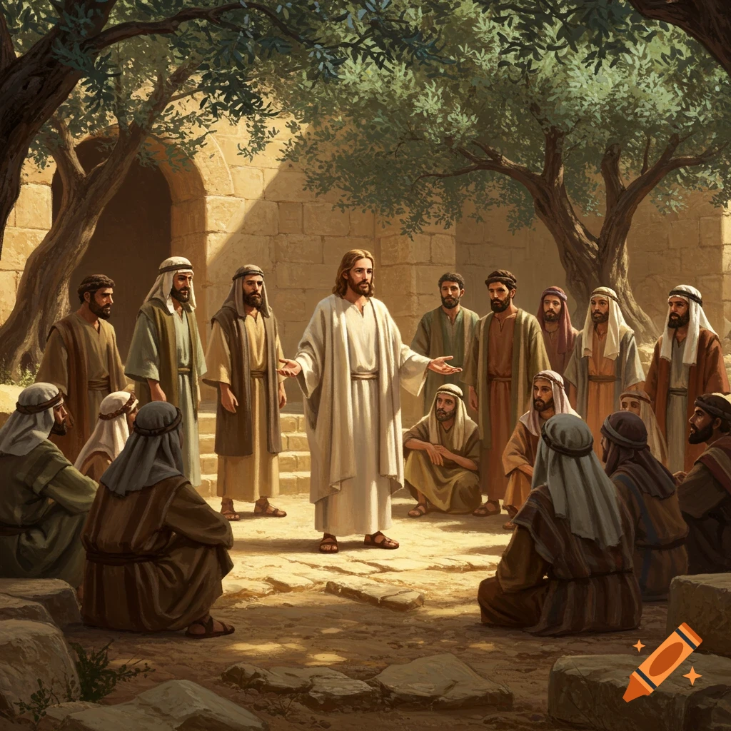 Jesus preaches to a group of men in ancient robes under olive trees in a stone courtyard, painting style.