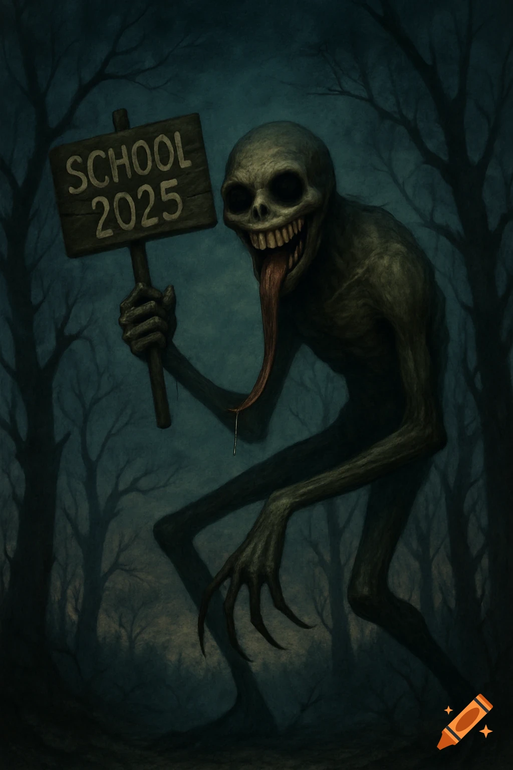 A creepy skeletal monster with a wide grin and long tongue holds a 'SCHOOL 2025' sign in a dark, spooky forest.