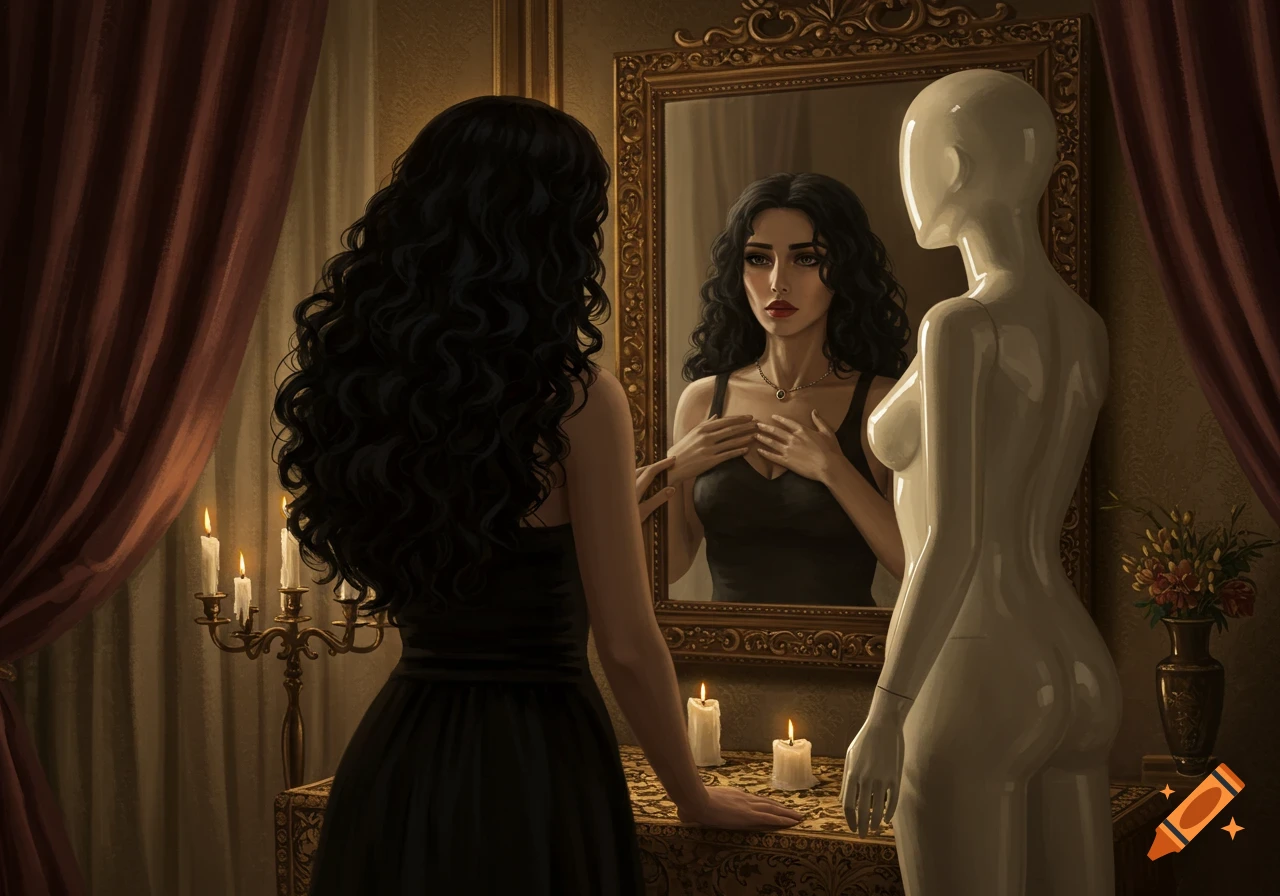 A woman in a black dress looks into a mirror, seeing a glossy white mannequin as her reflection in a candlelit room.