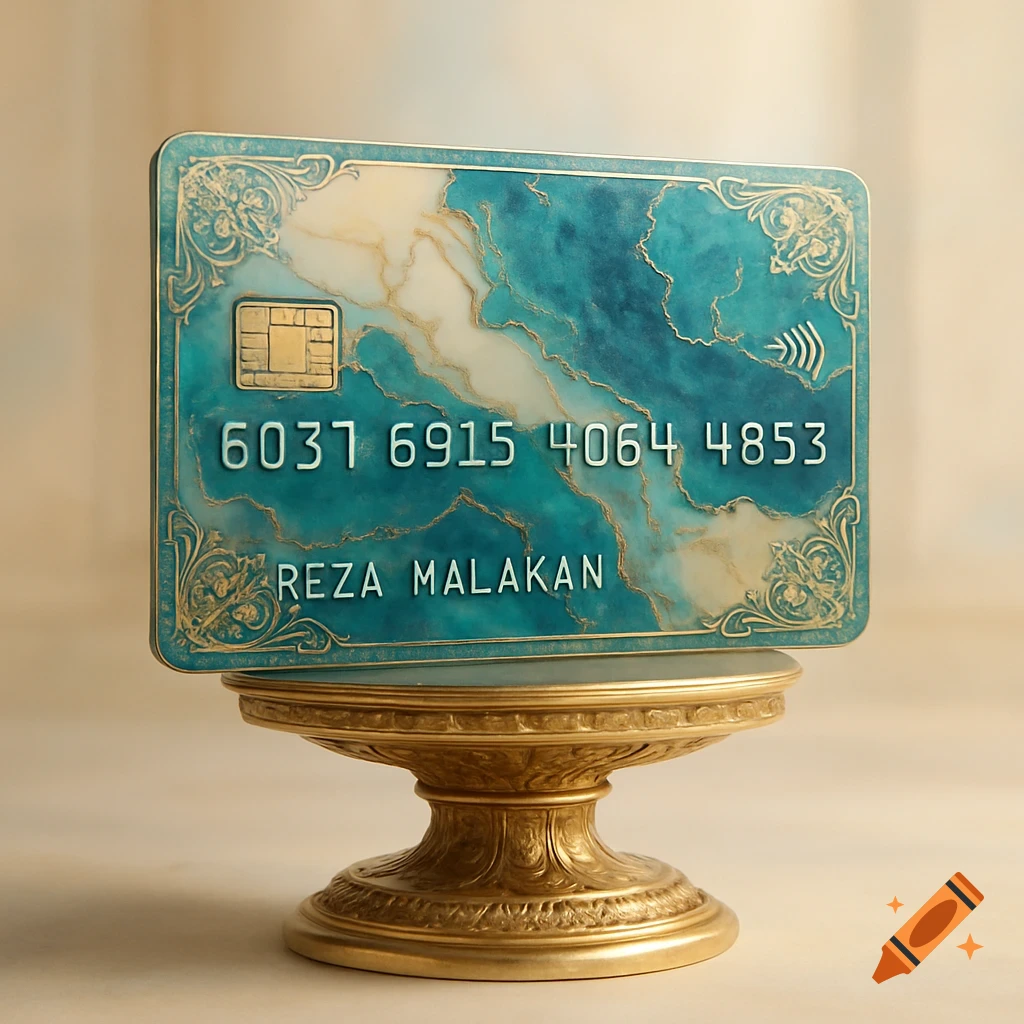 Luxurious digital bank card with turquoise and ivory marble pattern, gold decorative edges, and card number 6037 6915 4064 4853, name REZA MALAKAN, displayed on a gold pedestal.