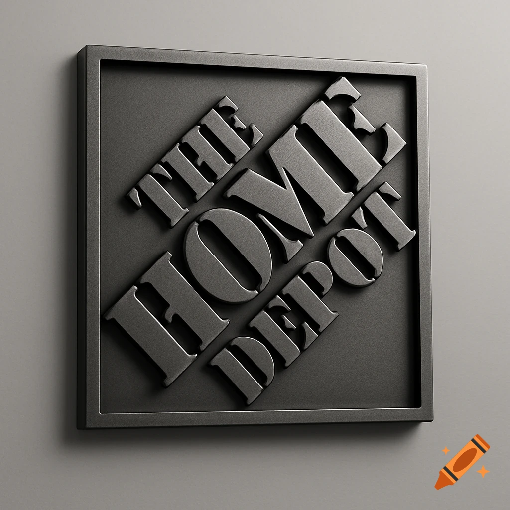 A sleek, minimalist 3D matte metal Home Depot logo in a square frame, set against a gray background.