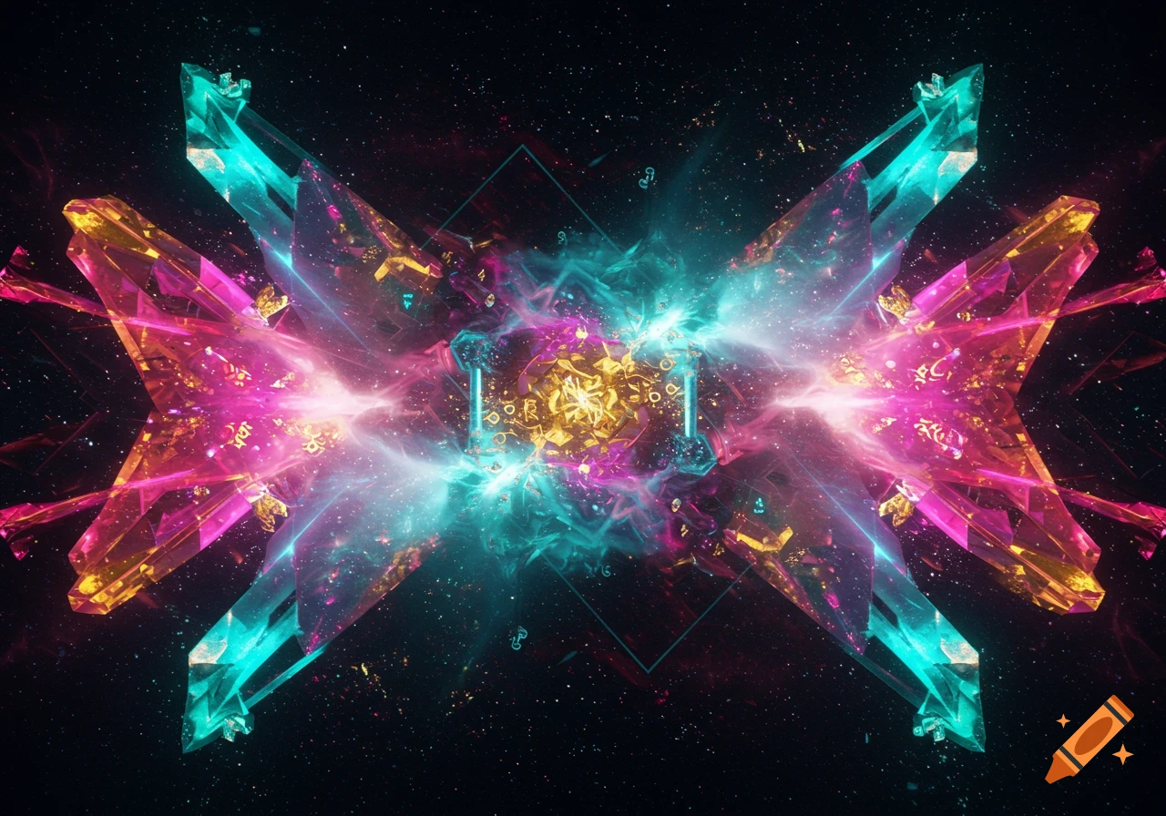 An abstract, symmetrical image with glowing pink, teal, and gold crystal-like structures radiating light against a starry, dark cosmic background.