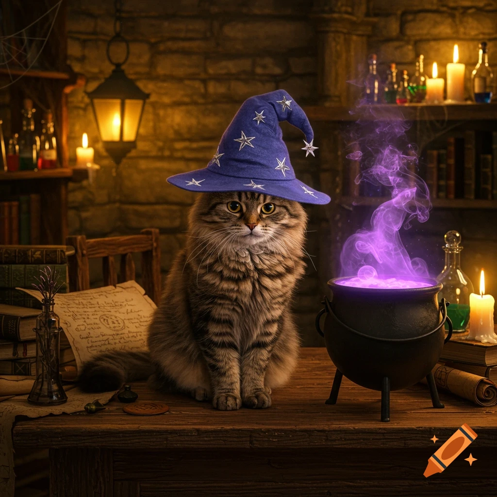 A realistic tabby cat wearing a blue wizard hat sits on a wooden desk next to a glowing purple cauldron in a dimly lit, magical study.