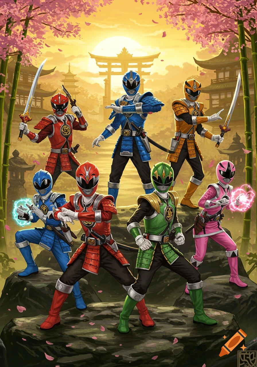 A team of colorful Power Rangers in samurai armor stand in a Japanese landscape with cherry blossoms and a torii gate at sunset.