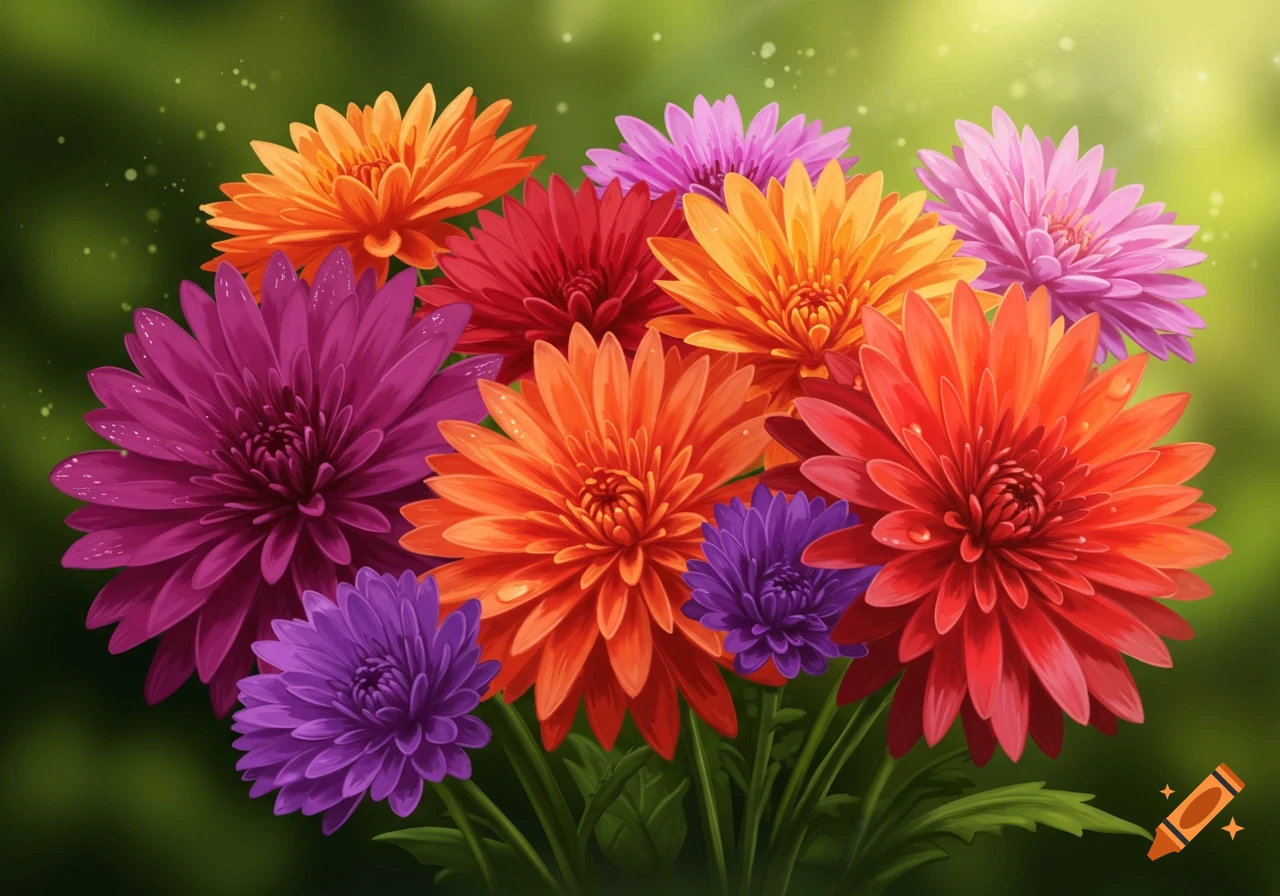 A vibrant bouquet of colorful orange, red, pink, and purple flowers with green stems against a soft, blurred green background.