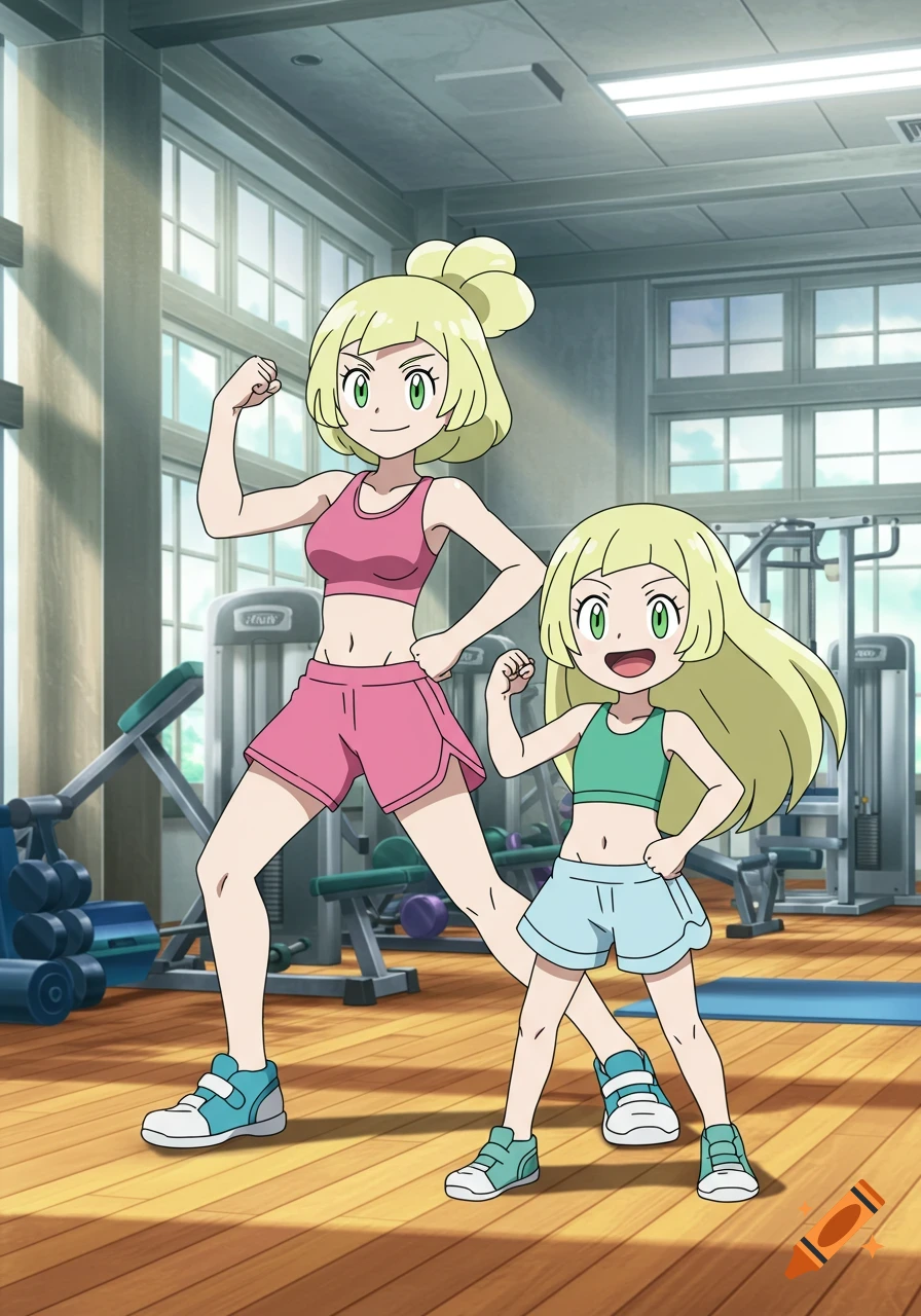 Lillie and her mom flex their muscles in a bright anime gym.