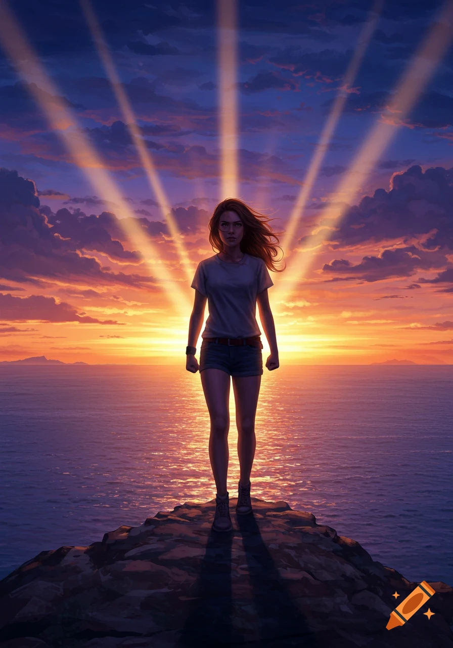 A determined woman stands on a cliff edge overlooking the ocean at sunset, with light rays piercing through the clouds.