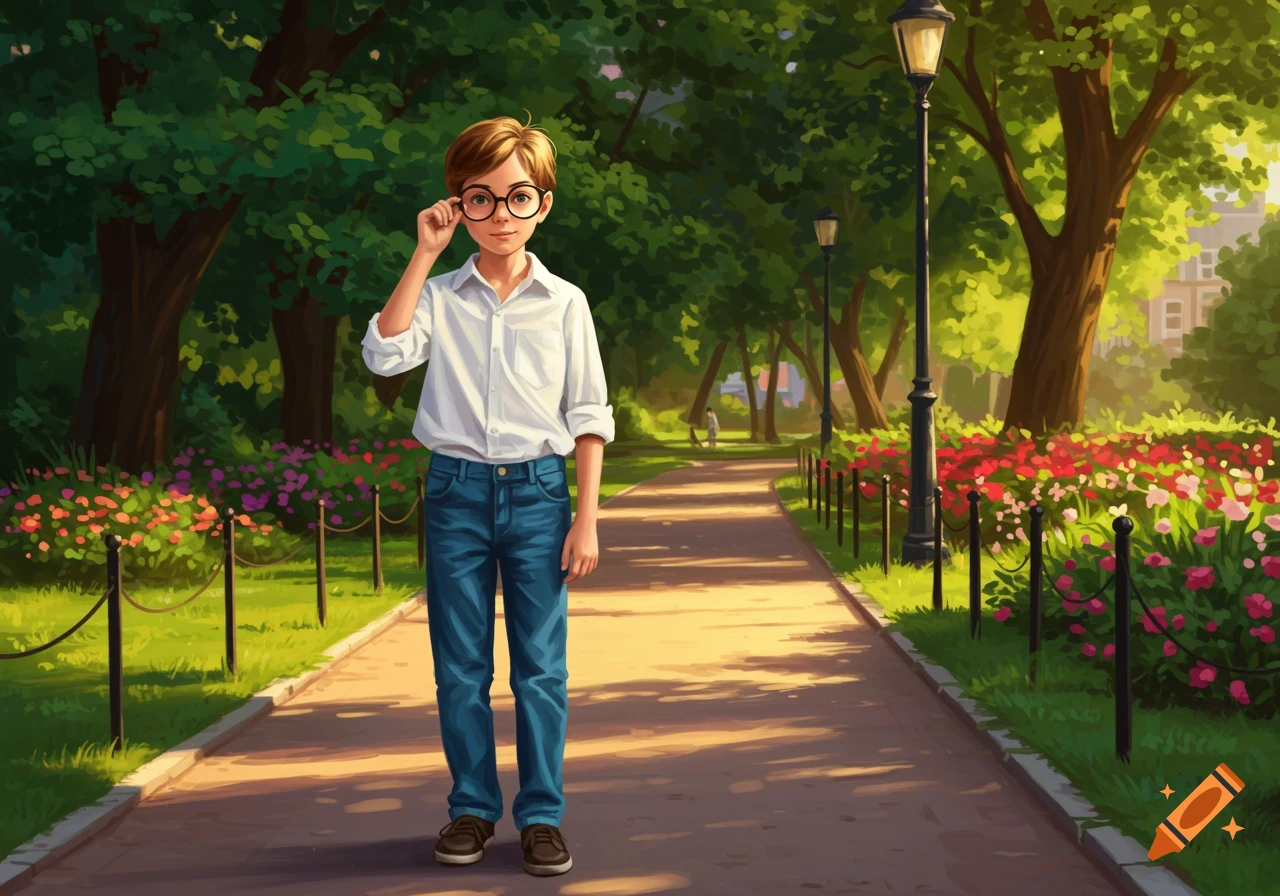 An illustration of a young boy in a white shirt, blue jeans, and round glasses standing on a sunny park path lined with trees and flowers.