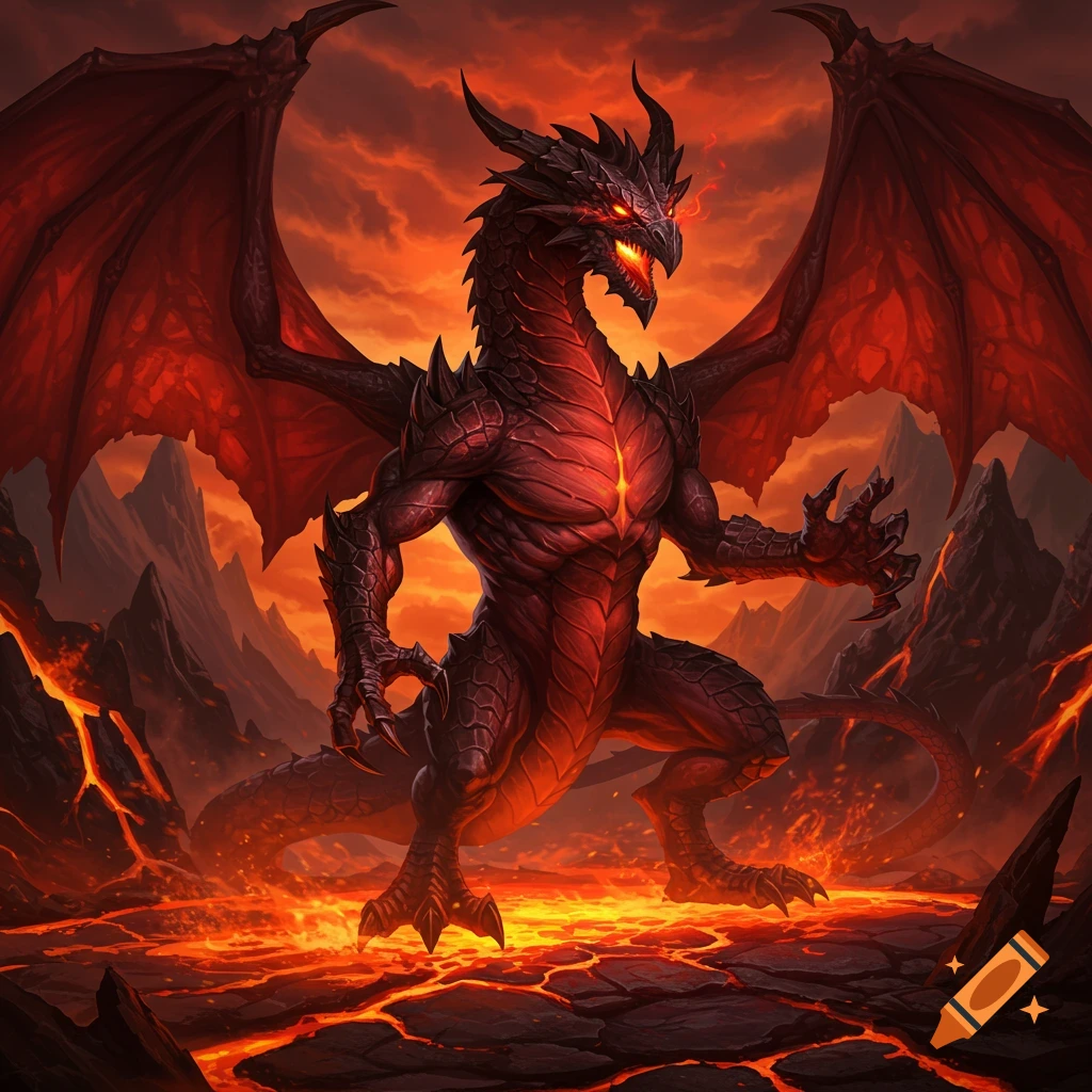 A fierce red and black dragon stands on a glowing lava landscape with dark mountains under an orange sky.