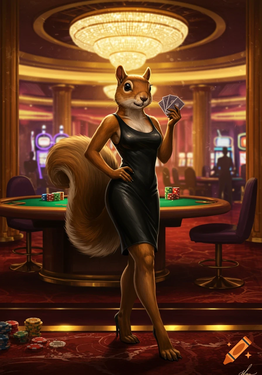 Photorealistic anthropomorphic female squirrel in a sleek black dress, holding playing cards in a luxurious casino.
