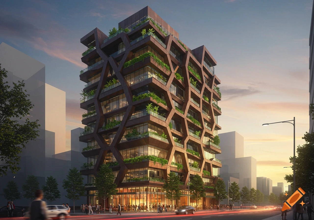 A modern building with a dark hexagonal facade and green plants on balconies, illuminated by the warm light of a sunset in a city.