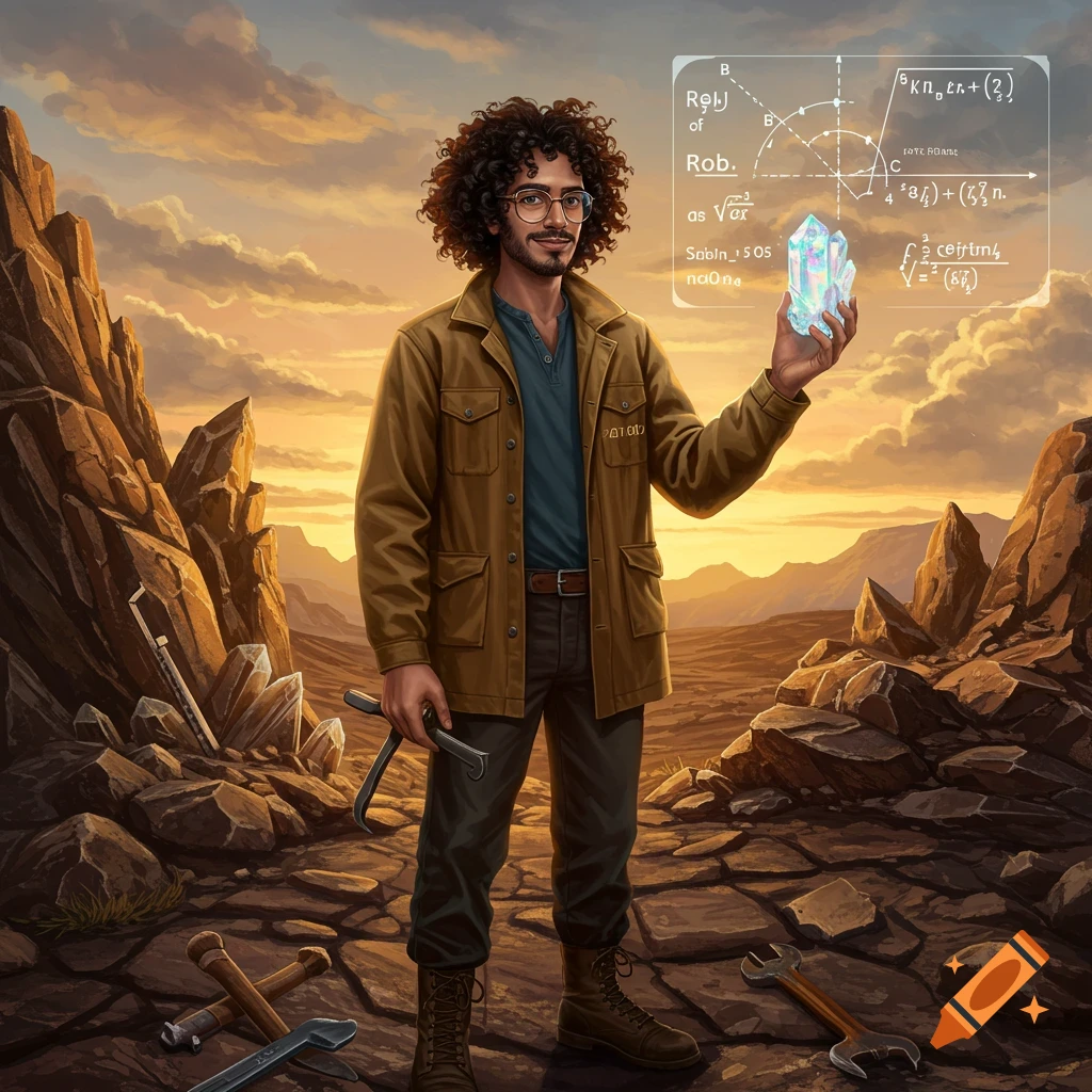 A man with curly hair and glasses, dressed as a geologist, stands in a rocky desert at sunset, holding a glowing crystal. A holographic display of mathematical equations floats nearby.