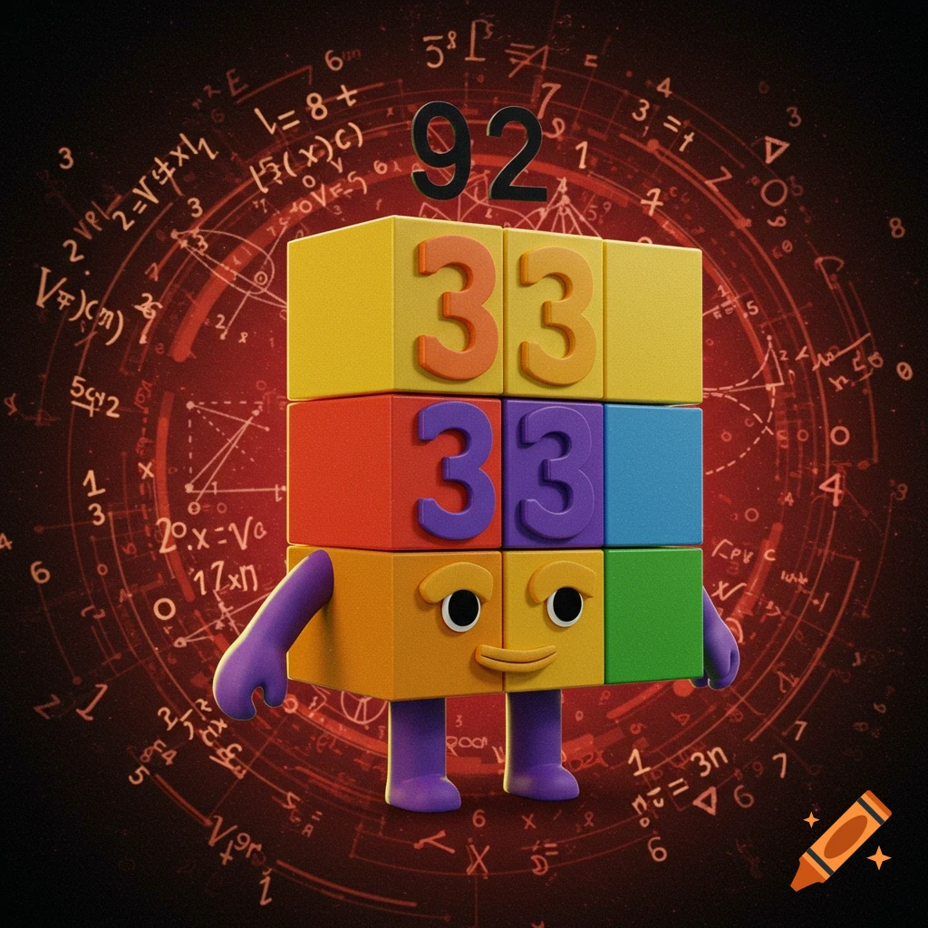 A 3D render of a colorful, blocky character with the number 33 on its chest and 92 floating above, against a red mathematical background.