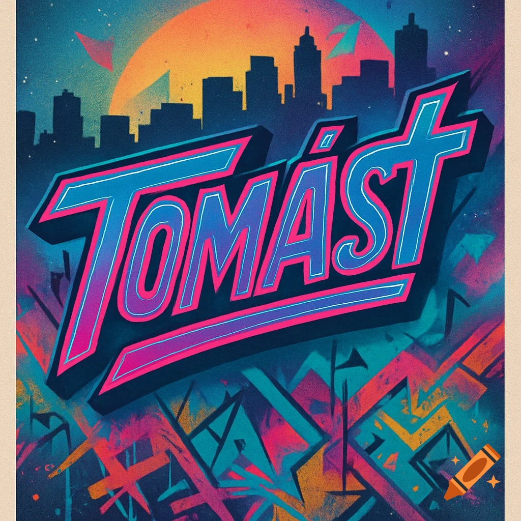 Vibrant retro-futuristic poster with the stylized word 'TOMÁST' in neon pink and blue, set against a sunset city skyline and abstract patterns.