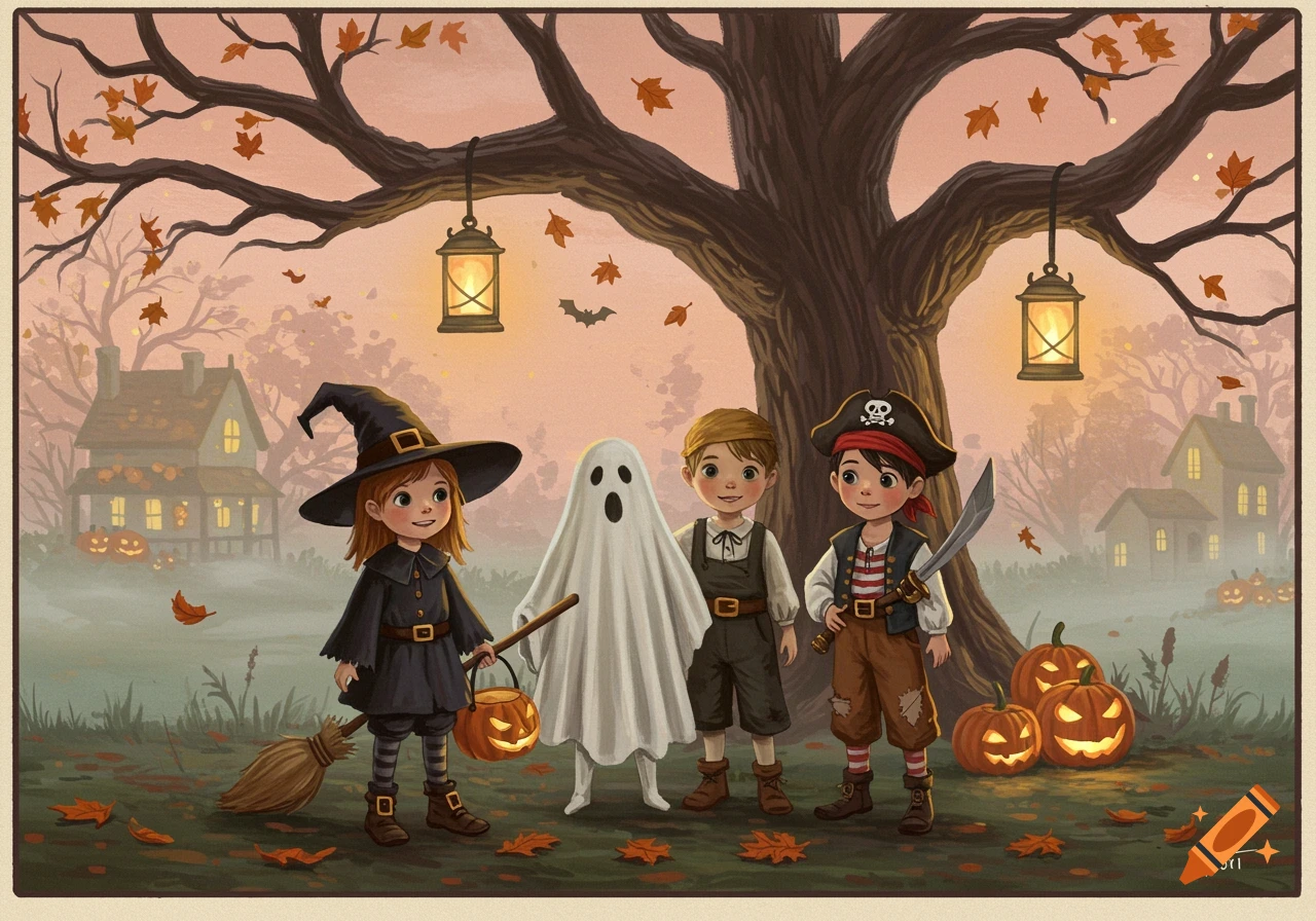 Illustration of three children in Halloween costumes (witch, ghost, pirate) with pumpkins under a tree at dusk.