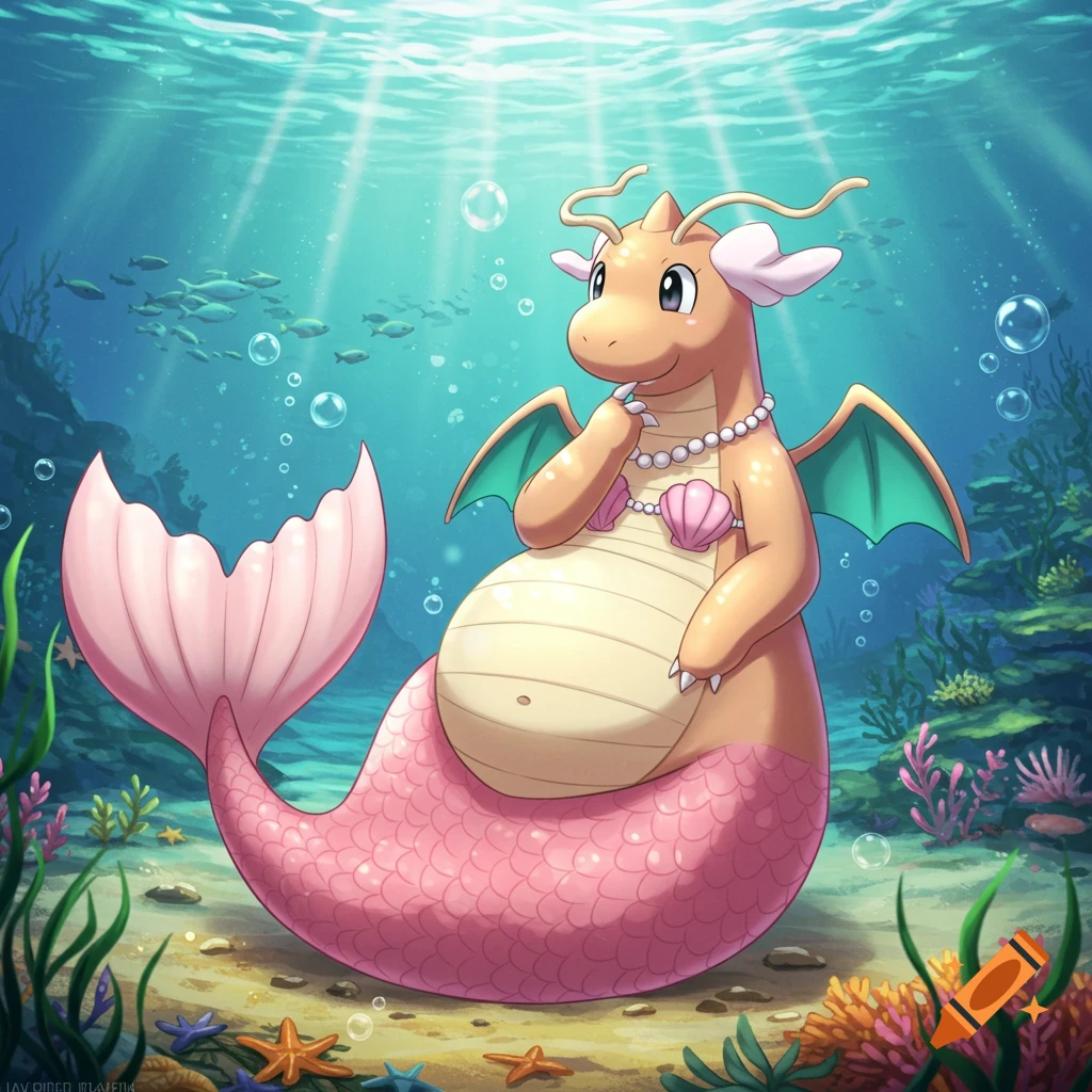 Anime-style Dragonite with a pink mermaid tail, seashell bra, and pearl necklace, sitting on the seafloor underwater amidst coral and fish.