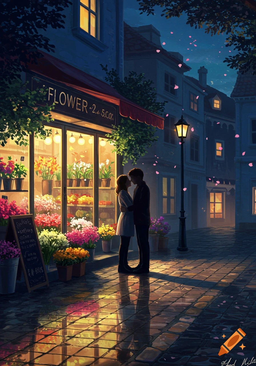A romantic illustration of a couple embracing outside a brightly lit flower shop on a cobblestone street at night, with petals falling.