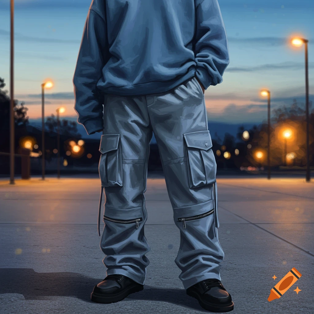 Stylized illustration of a person's lower body wearing a blue sweatshirt, cargo pants, and black shoes at dusk.
