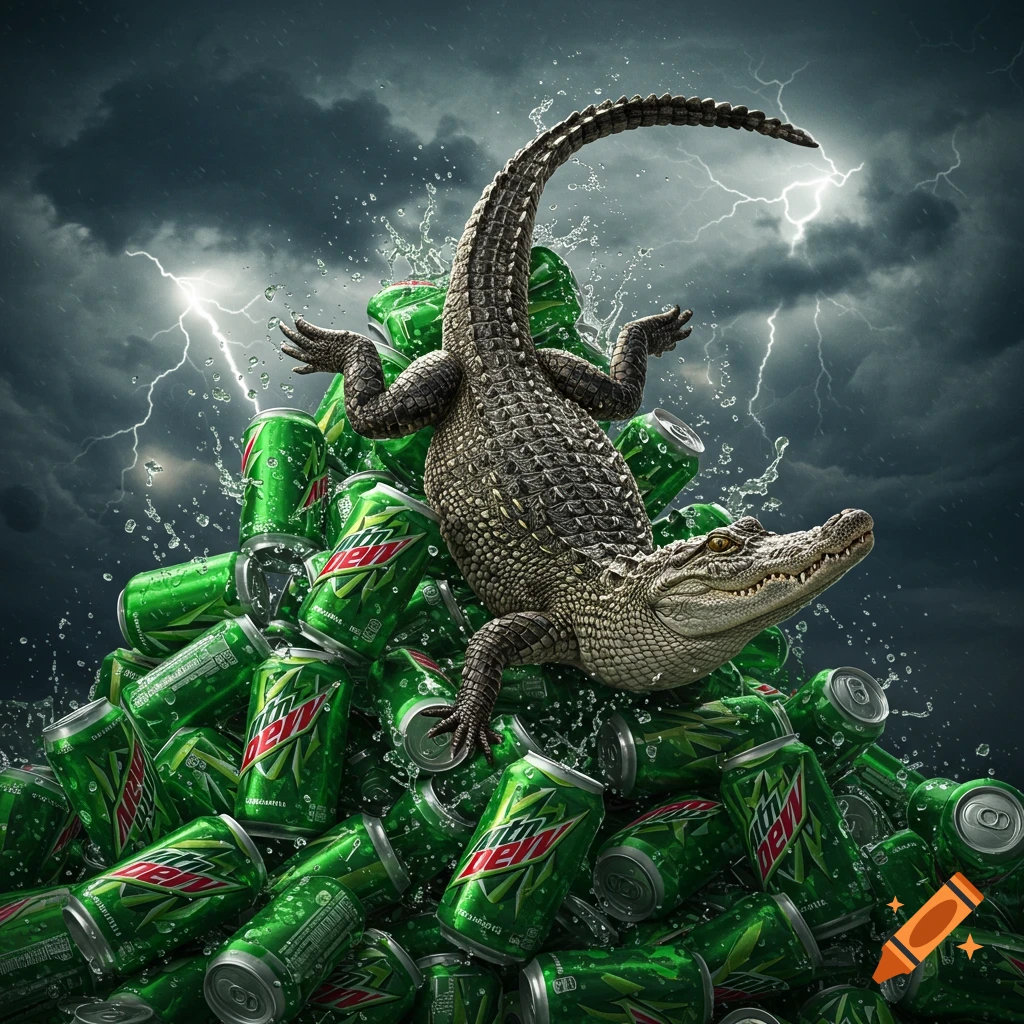 A photorealistic alligator climbs a huge mountain of green Mountain Dew soda cans under a dark, stormy sky with lightning.
