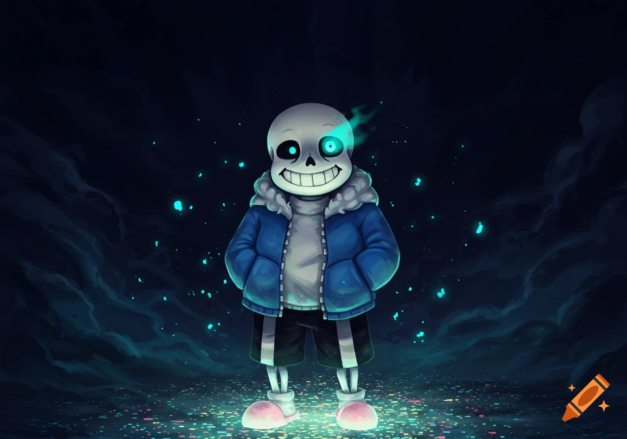 Smiling skeleton character Sans from Undertale with a glowing blue eye, wearing a blue jacket in a dark, magical environment.